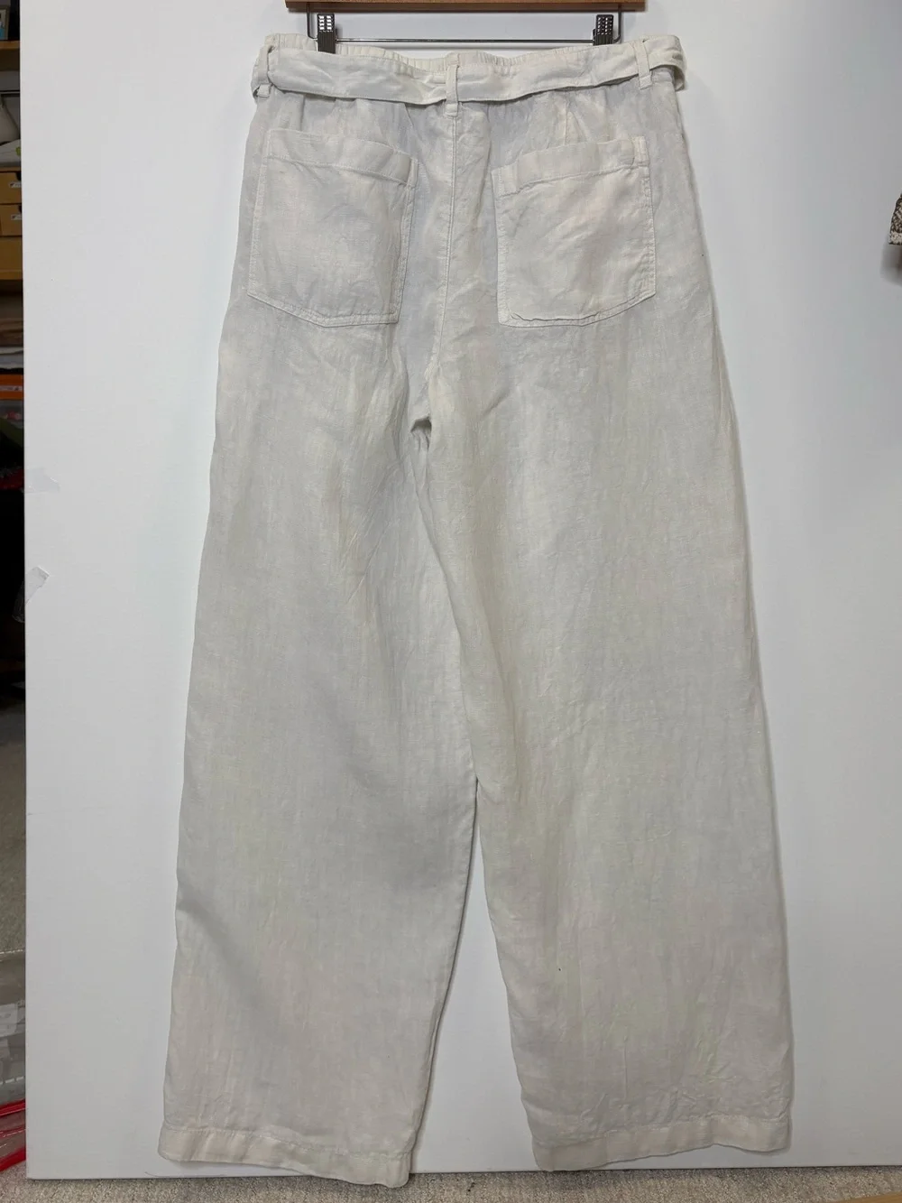 Zara 100% Linen Trouser Pant Womens Size 32 Natural Ecru Belted Wide Leg Pockets